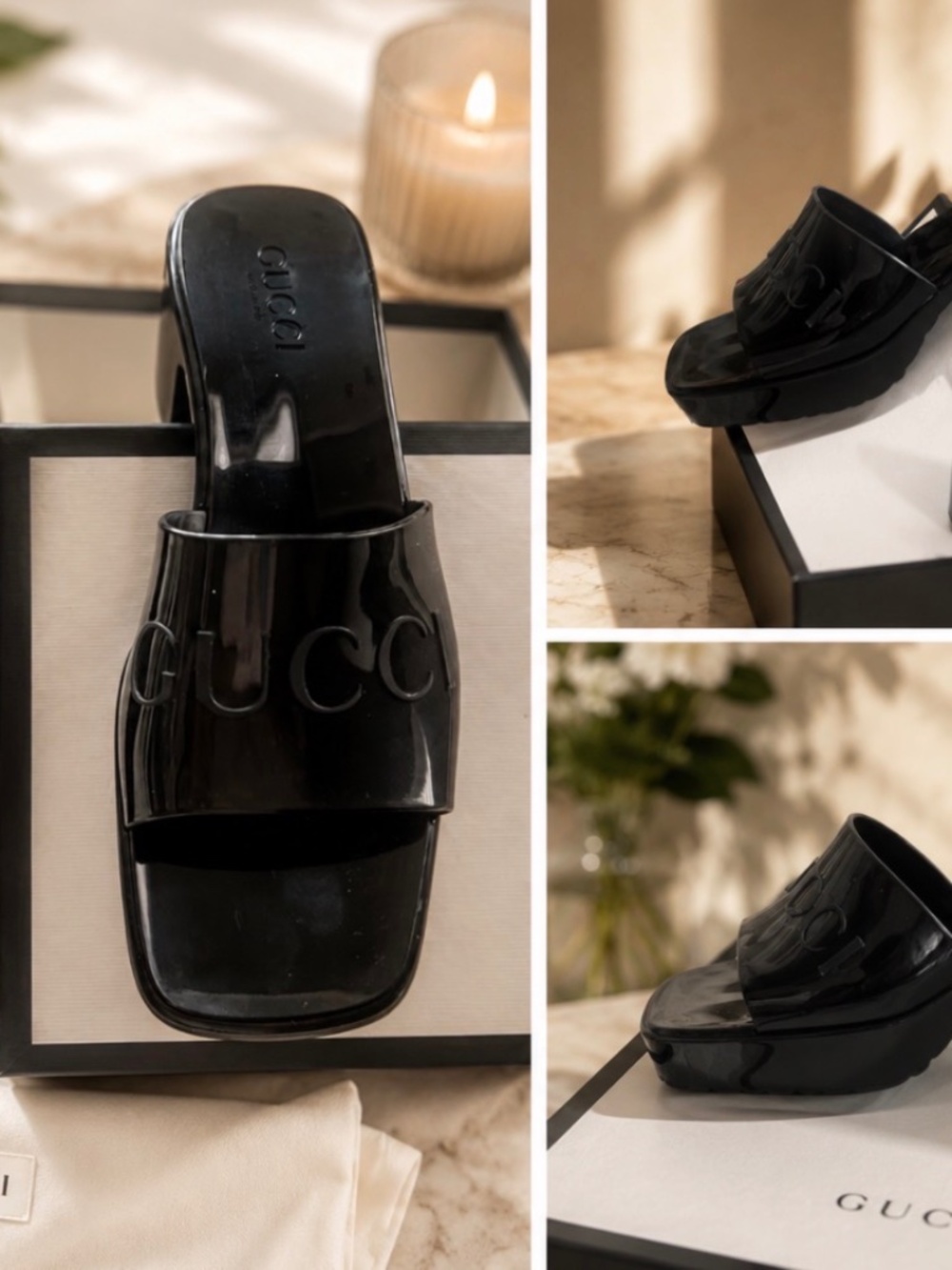 Gucci Black Patent Logo Slide Sandals with Raised Emblem
